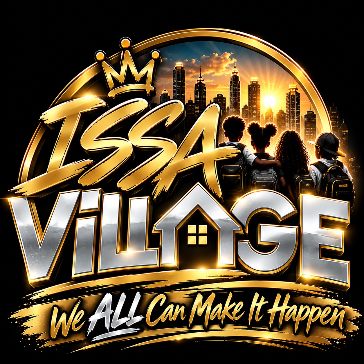 Village promotional artwork featuring children and an Atlanta skyline